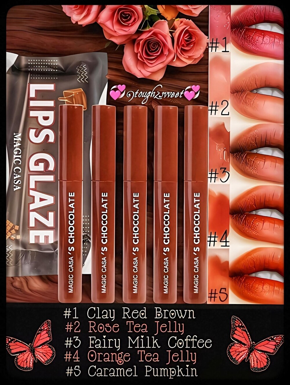 🆕TEMPTATION KISS LAVA CHOCOLATE MATTE LIP GLAZE SET OF 5 IN CHOCOLATE PACKAGE